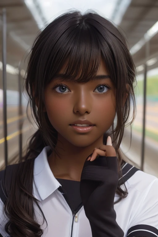 (((( one girl )))), Put your hand over your mouth、Beautiful breasts、 Brown eyes, ((Gal Hairstyles)) blonde, girl, (Eye and facial details:1.0), break, (masterpiece, Highest quality, Very detailed, Detailed face, 8k),( dark skin:1.9 ), (((( track and field uniform )))),( open mouth )