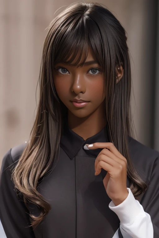 (((( one girl )))), Put your hand over your mouth、Beautiful breasts、 Brown eyes, ((Gal Hairstyles)) blonde, girl, (Eye and facial details:1.0), break, (masterpiece, Highest quality, Very detailed, Detailed face, 8k),( dark skin:1.9 ), (((( track and field uniform )))),( open mouth )