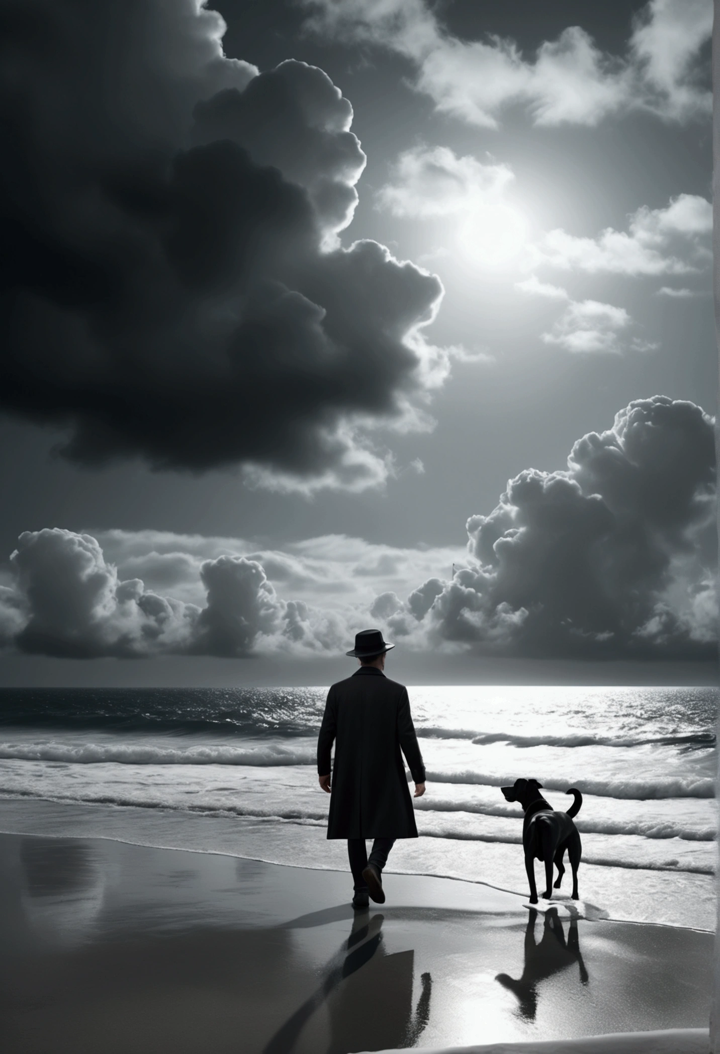 a man in a hat walking a dog in the air, soft clouds, sea view, monochromatic, surrealism, (best quality,4k,8k,highres,masterpiece:1.2),ultra-detailed,(realistic,photorealistic,photo-realistic:1.37),dramatic lighting,cinematic composition,moody atmosphere,ethereal,dreamlike,contemplative