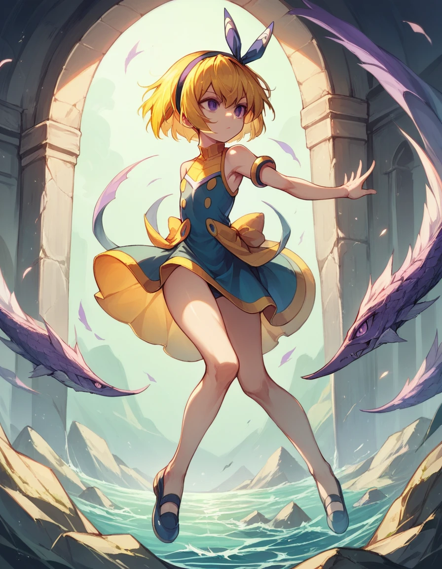 (Siren), (houjou_Satoko), sirnwobrd, 1 female, alone, Yellow Hair, blonde, Purple eyes, short hair, (hair band), Flat Chest, , Shallow rocky area, (wing), (wing), full body