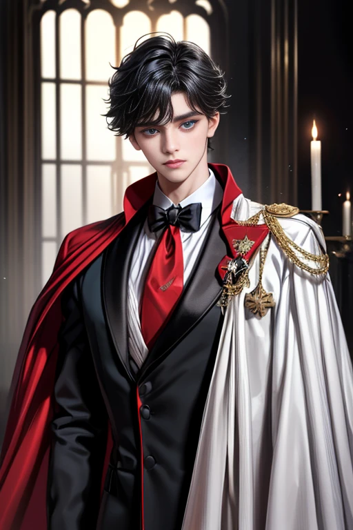 masterpiece, 最high quality, high quality, 1 boy, alone, Male focus, Upper Body,Watching the audience, Messy black hair, Adorable big blue eyes, White, Noble, Noble,A black and red cape that is bursting with sexy volume、Tuxedo、A very voluminous, large, very large, very large, long, long red and black cape with a high stand-up collar, made of a lot of fabric that reaches down to the floor., ,cute beautiful,Cute, cute, kind, handsome guy