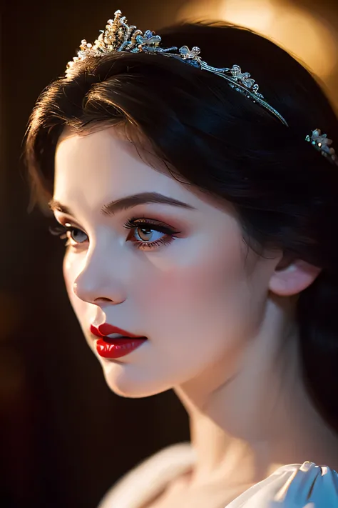 a beautiful young snow white princess, detailed portrait, face focus, red lips, long black hair, pale skin, rosy cheeks, fantasy...