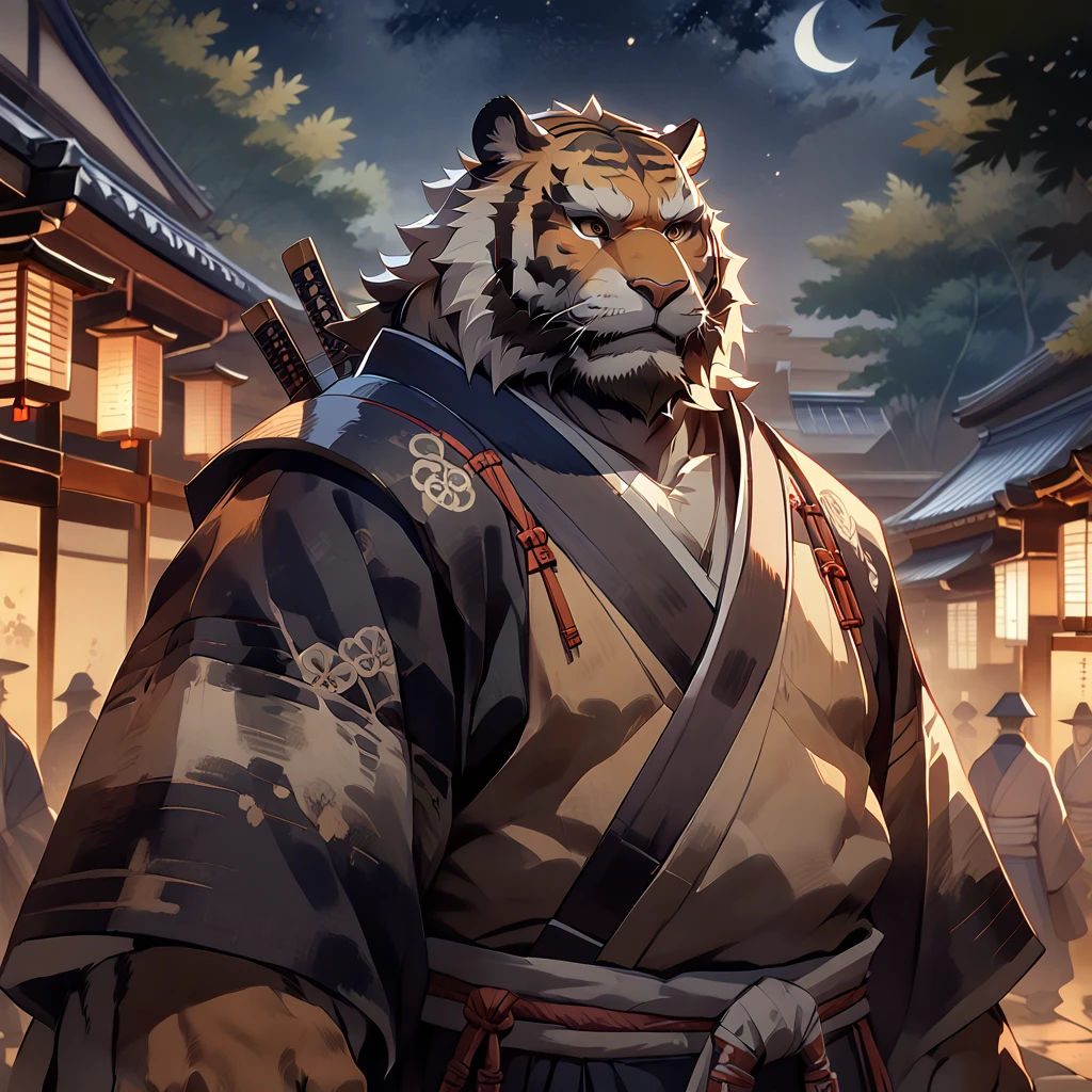 ((whole body)), (samurai), ((plump middle-aged tiger man)), standing, arms rised in the air, ((brown eyes)), one eye closed, beautiful beard, (male face), (big face:0.5), square jawline, (Male Eyes:1.2), (sharp eyes:0.8), (big eyes:0.5), male eyebrows, (innocent look:0.5), fluffy body, BREAK starry sky, kyoto, highly detailed,