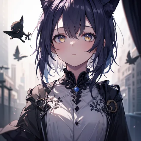 a boy with black hair and cat ears, yellow eyes, straight hair, short hair, shoulder-length hair, surprised expression, (highest...