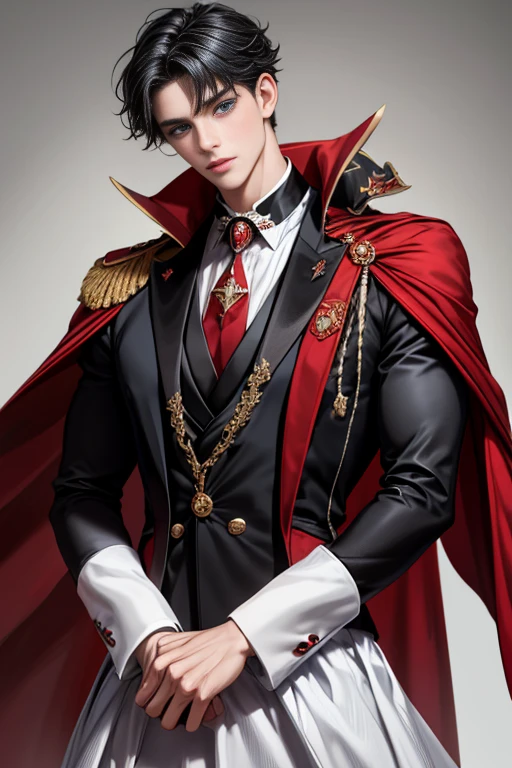 masterpiece, 最high quality, high quality, 1 boy, alone, Male focus, Upper Body,Watching the audience, Messy black hair, Adorable big blue eyes, White, Noble, Noble,A black and red cape that is bursting with sexy volume、Tuxedo、A very voluminous, large, very large, very large, long, long red and black cape with a high stand-up collar, made of a lot of fabric that reaches down to the floor., ,cute beautiful,Cute, cute, kind, handsome guy