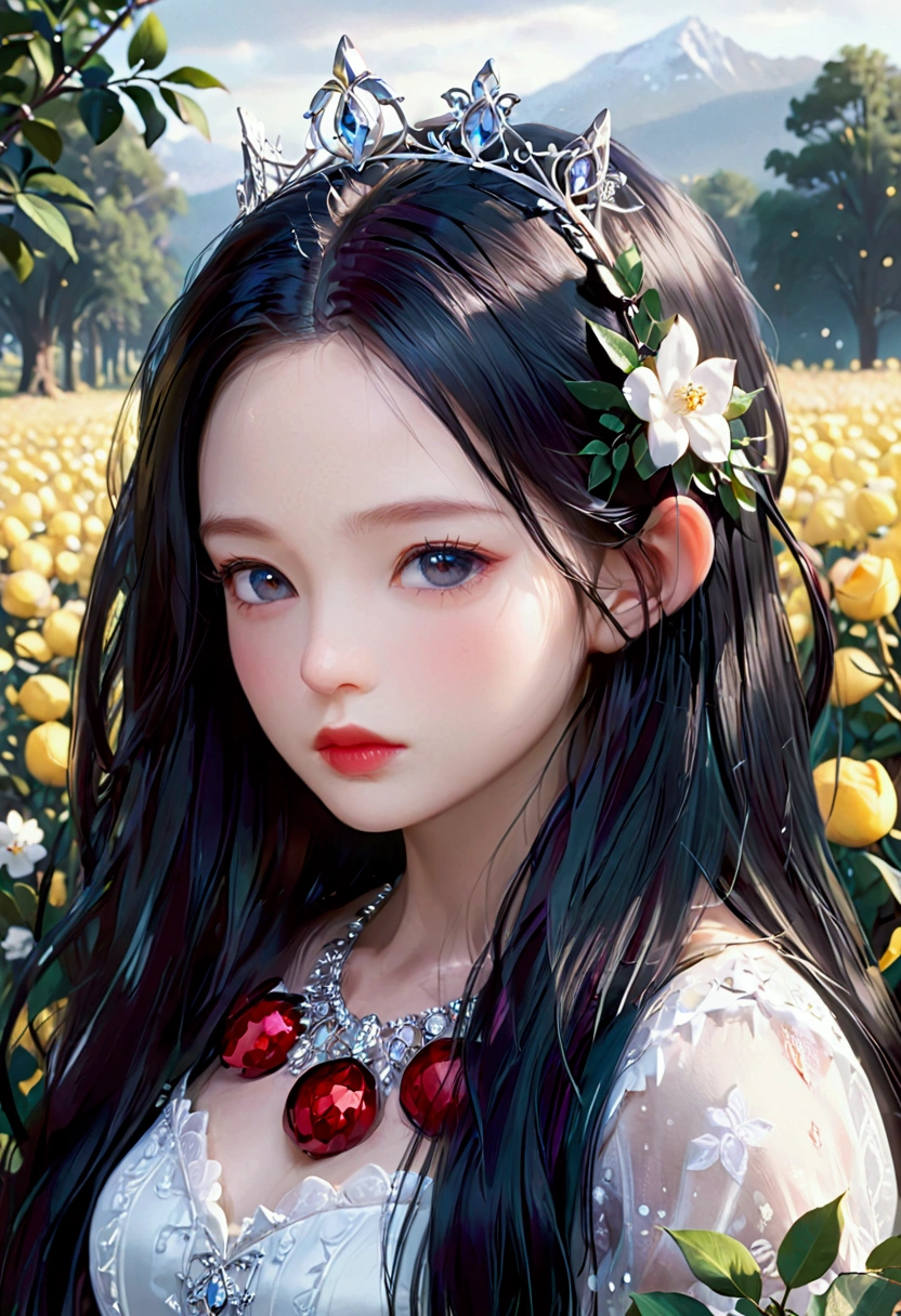 a beautiful young snow white princess, detailed portrait, face focus, red lips, long black hair, pale skin, rosy cheeks, fantasy, high quality, 8k, detailed, photorealistic, glamorous, elegant, intricate, dramatic lighting, moody, cinematic, glowing skin, volumetric lighting, depth of field, realistic portrait, exquisite details, flawless