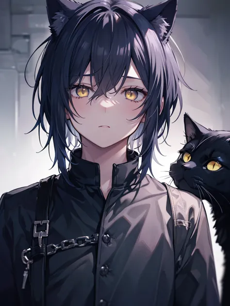 a boy with black hair and cat ears, yellow eyes, straight hair, short hair, shoulder-length hair, surprised eyes, adventurer, (h...