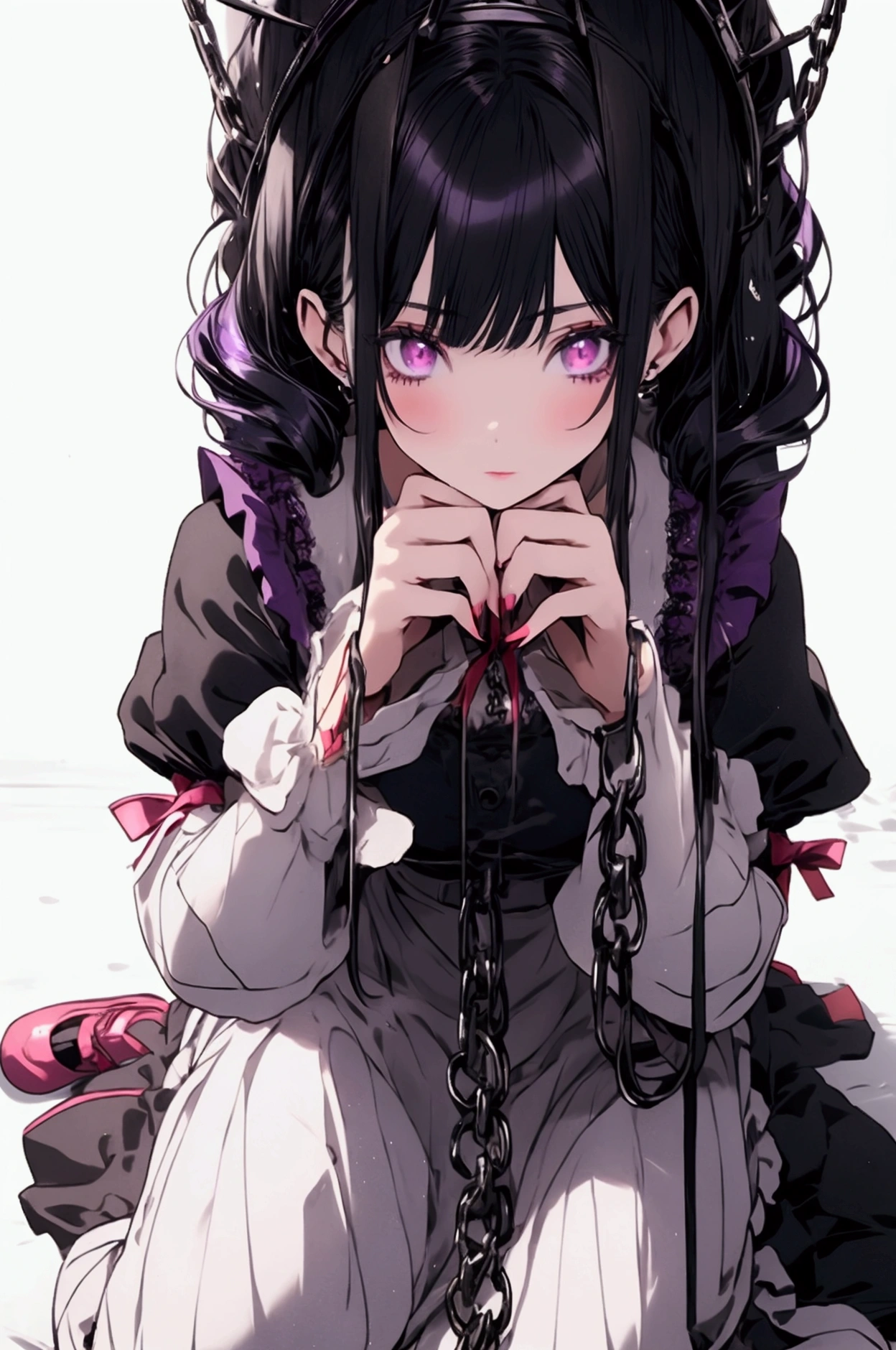 1girl,solo, beautiful anime girl, perfect face, perfect body, masterpiece,black hair, purple inner hair, crimson eyes,Looking at the viewer,medium sized breast, prisoner,black maid dress,long skirt with frills,front open,puffy sleeves,hands are Handcuffed in front,kneeling,M shaped legs , Restrained, shackle, jail cell,girl sitting inside prison cell,