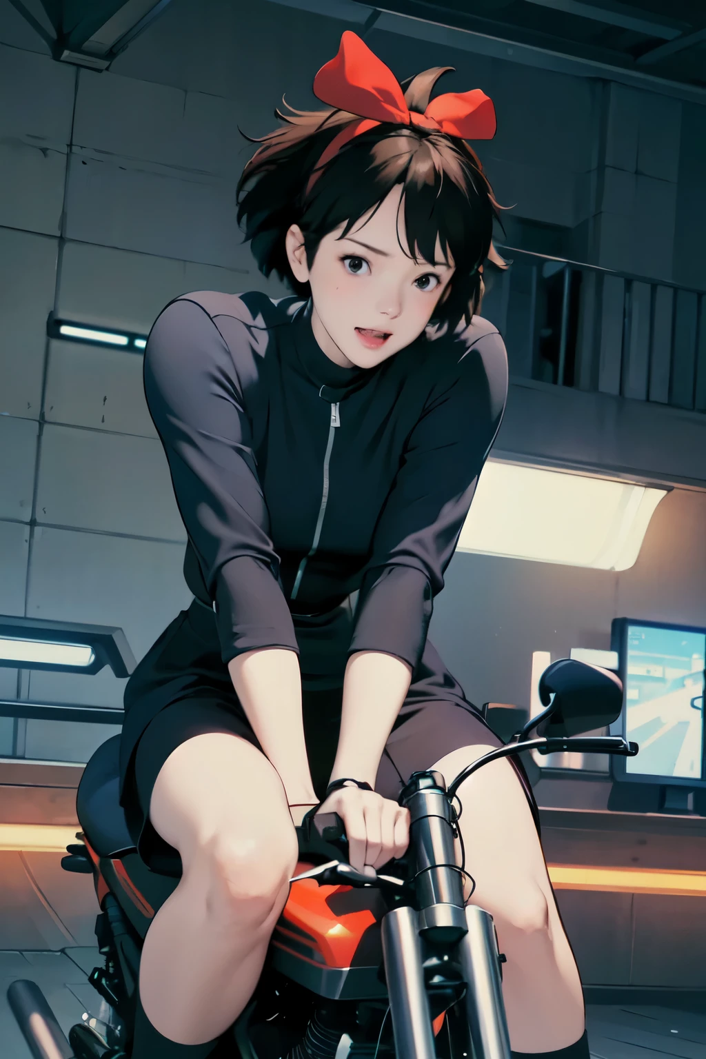 Best image quality, outstanding detail, ultra-high resolution, (realism: 1.4), best illustration, prefer details, riding a futuristic high-tech motorcycle, the background is a high-tech lighting scene of a futuristic city, black coat, red ribbon, Kiki, Jiji, dynamic.