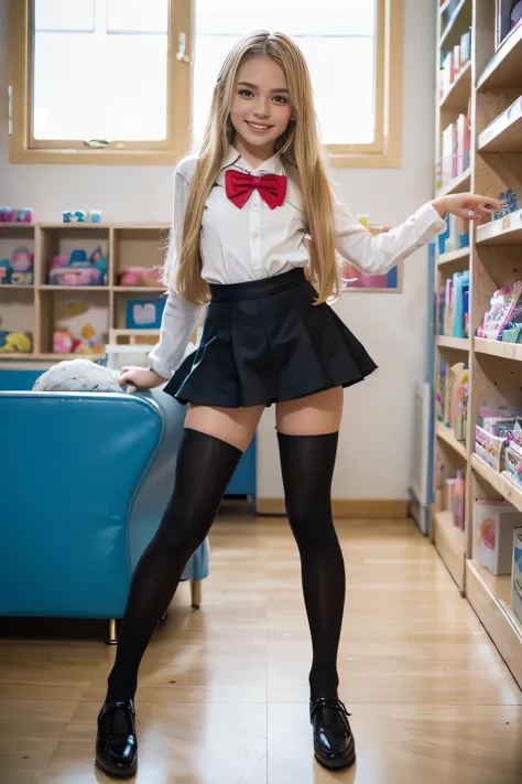 High quality photo of cute young skinny blonde European appearance, (at the age of 10: 1.6), in a cute school outfit, in a toy store. Realistic anatomy. Very long wavy blonde hair, beautiful happy smile, Shows His Legs, black tights,