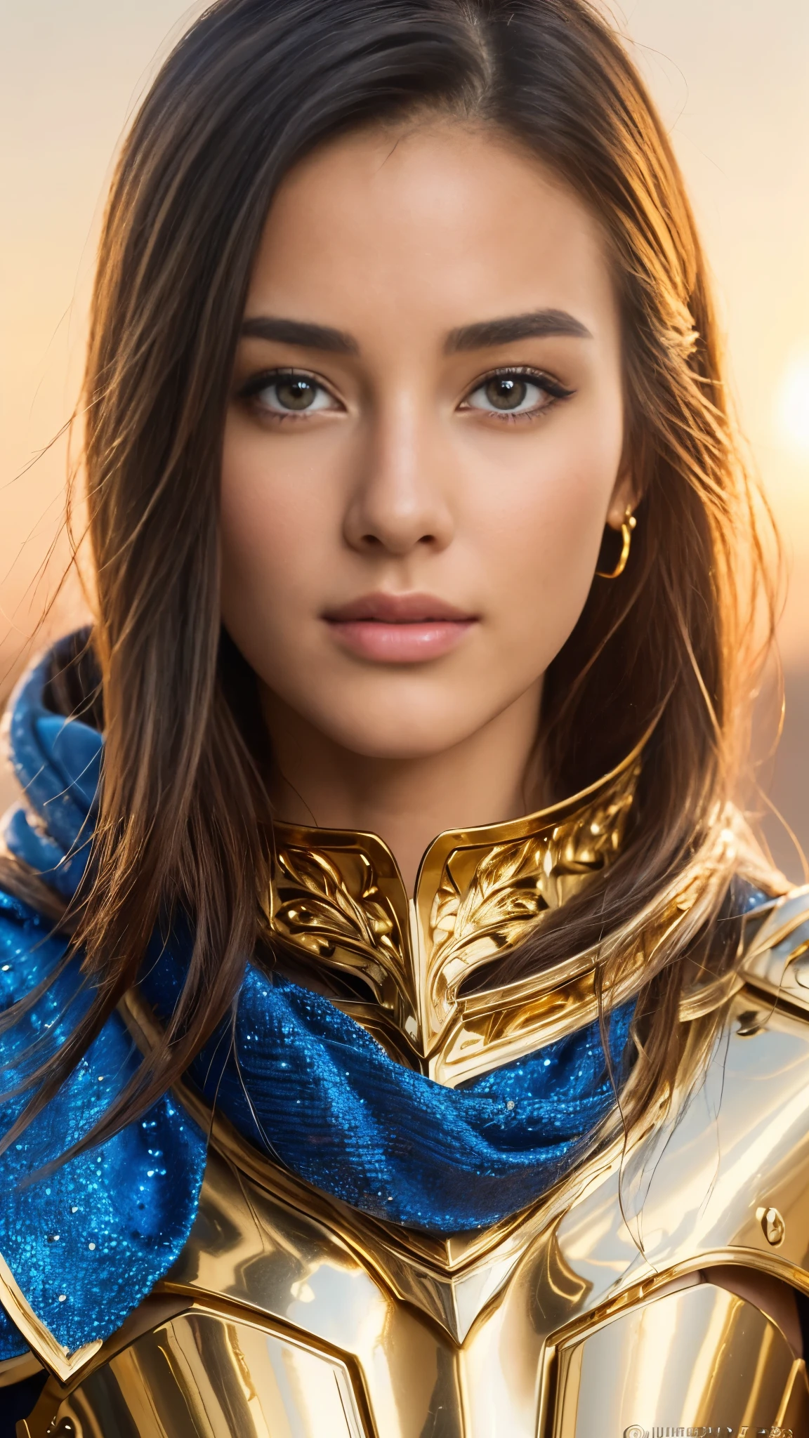 a highly detailed masterpiece of a female knight in shiny gold plated armor, wearing a blue scarf, photorealistic, (best quality,8k,ultra-detailed,realistic:1.37),(detailed eyes,beautiful detailed lips,extremely detailed face:1.2),armor with gold plating,shiny armor,a female knight in armor,wearing gold plated armor,blue scarf