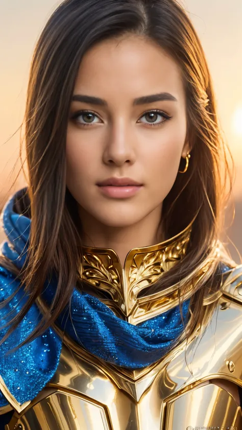 a highly detailed masterpiece of a female knight in shiny gold plated armor, wearing a blue scarf, photorealistic, (best quality...