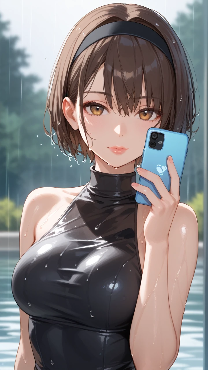 score_9, score_8_up, score_7_up, 1girl, solo, breasts, short hair, dress, bare shoulders, medium breasts, closed mouth, upper body, brown hair, hairband, blurry, black dress, lips, wet, depth of field, blurry background, turtleneck, phone, cellphone, black hairband, wet clothes,, facing viewer, smartphone, rain, water drop, wet hair, 