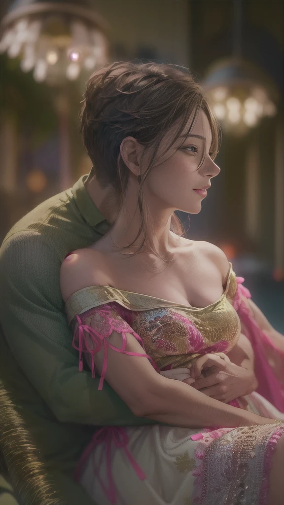 a beautiful woman in an off-shoulder summer dress sitting on a man's lap, the man's hand inside her dress, the woman embracing the man, the woman is slender, 1 girl, 1 man, intimate, romantic, cinematic lighting, high quality, 4k, detailed, photorealistic, dramatic composition, warm color palette, 