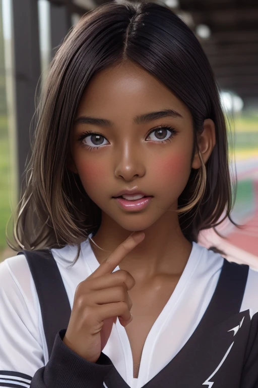 (((( one girl )))), Put your hand over your mouth、Beautiful breasts、 Brown eyes, ((Gal Hairstyles)) blonde, girl, (Eye and facial details:1.0), break, (masterpiece, Highest quality, Very detailed, Detailed face, 8k),( dark skin:1.9 ), (((( track and field uniform )))),( open mouth )