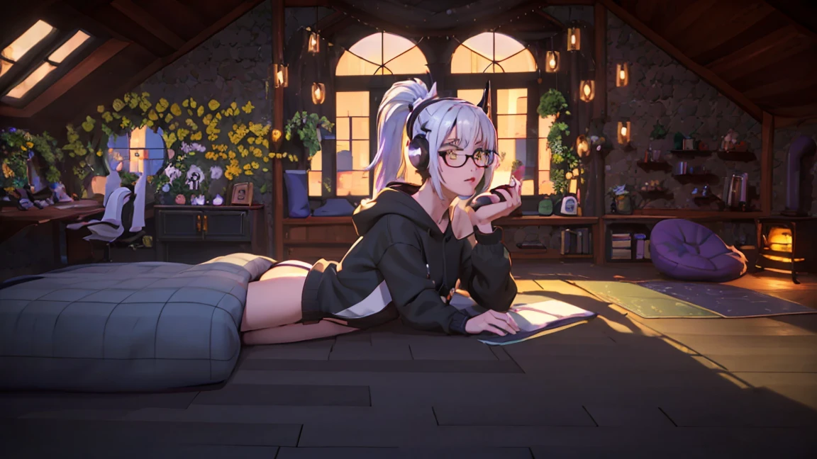 purple skin,  white hair with light purple tips, black hoodie, black short shorts, black and white striped thigh-high socks, black and white sneaker, purple headphones , two purple horns, cozy atmosphere, neutral lighting, minimalist setup,  black eyeframes, yellow eyes, purple skin, fringe with two side bangles and ponytail hairstyle, lofi, lo-fi,  cozy lo-fi room, bedroom, big windows, mature, beautiful woman, laying on the bed, drinking hot coffee, masterpiece, high detailed face, ultra detailed, 8k, 