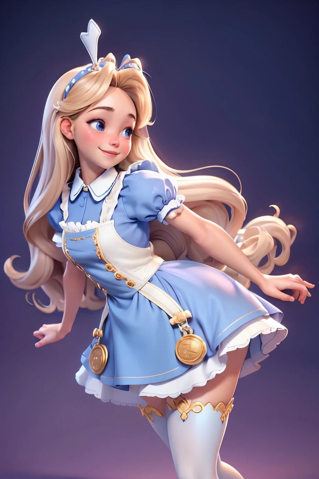 High resolution, 4K, 8k,Long curly blonde hair, Alice in Wonderland,Blue and white maid outfit, Lovely 3d rendering,glad to, show all your joy, Perfect and detailed smile,whole body, white stockings,Rabbit decoration with accessories, The right hand holds a large gold coin, Recreational sports posture, look up, Smooth skin, Interior background in lilac color, Soft and even lighting, Playful and relaxing atmosphere, tense action,