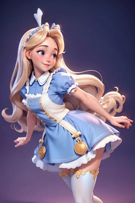 high resolution, 4k, 8k,long curly blonde hair, alice in wonderland,blue and white maid outfit, lovely 3d rendering,glad to, sho...