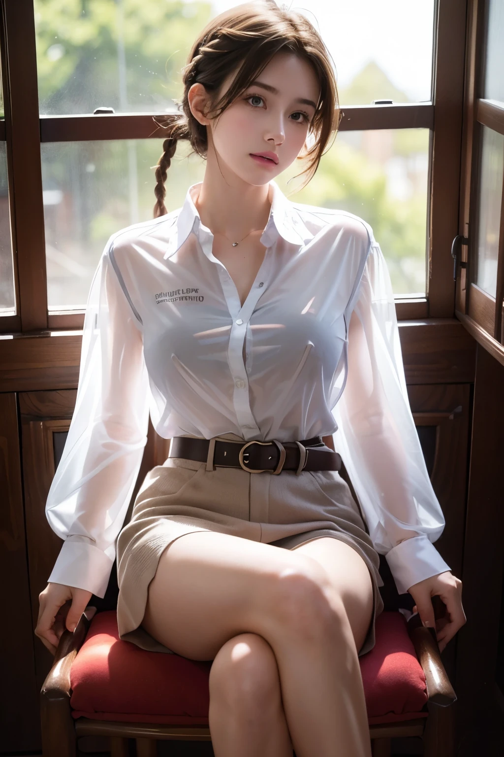 (Highest quality, masterpiece, High resolution:1.1),Use natural light and colour, Hyper-detailed clothes, Cinematic Light, One girl,amount, Embarrassing ,blush, Braided short hair, Beautiful breasts, Chest belt,race, Upper Body,(Transparent shirt:1.4), Against the light from the window, Large windows, (body silhouette:1.4), Diagonally below、Give light to the face with a reflector、Sitting in a beautiful chair、Legs crossed