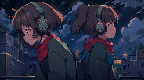 masterpiece, best quality,  1girl, solo, brown_hair,ponytail,headphones,green sweater,blue pants,red scarf, night, muted colors,...