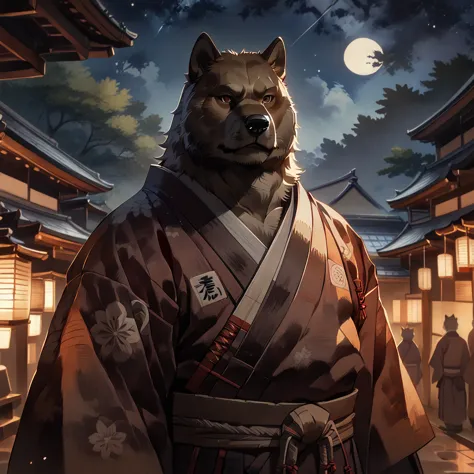 ((whole body)), (samurai), ((plump middle-aged akita 
inu man)), standing, arms rised in the air, ((brown eyes)), one eye closed...