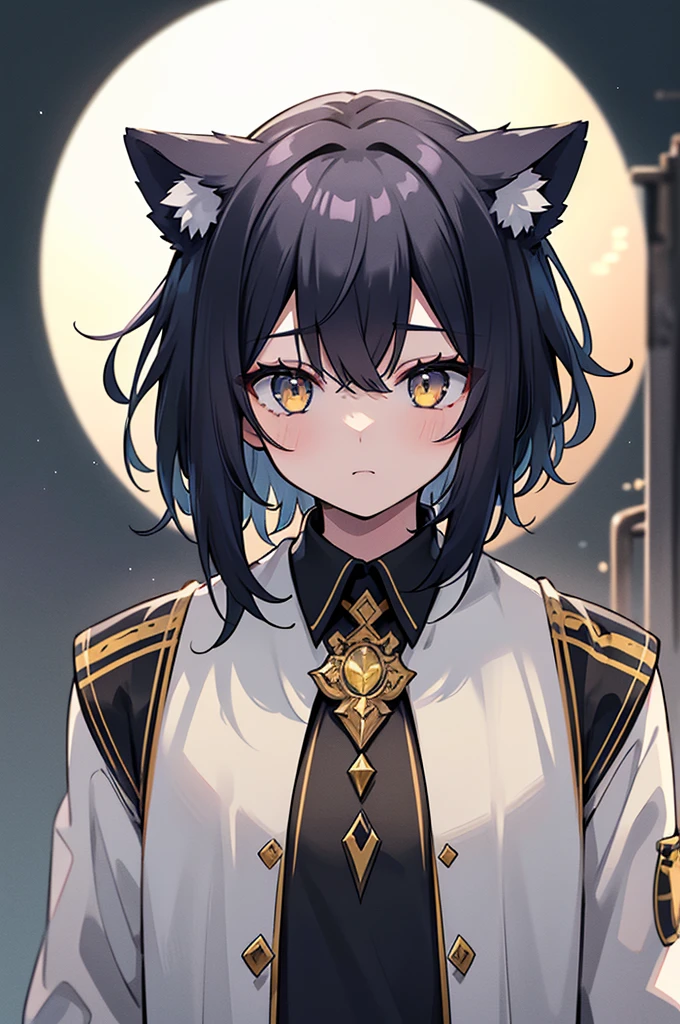 A boy with black hair and cat ears, Golden Eyes, Straight hair, short hair, Shoulder-length hair, cute, Wizard, (Highest quality,4K,8k,High resolution,masterpiece:1.2),Very detailed,Solo Boy,Dramatic lighting,Gloomy atmosphere,Very detailed,Facial Features,Complex clothing texture,Structure of the film,