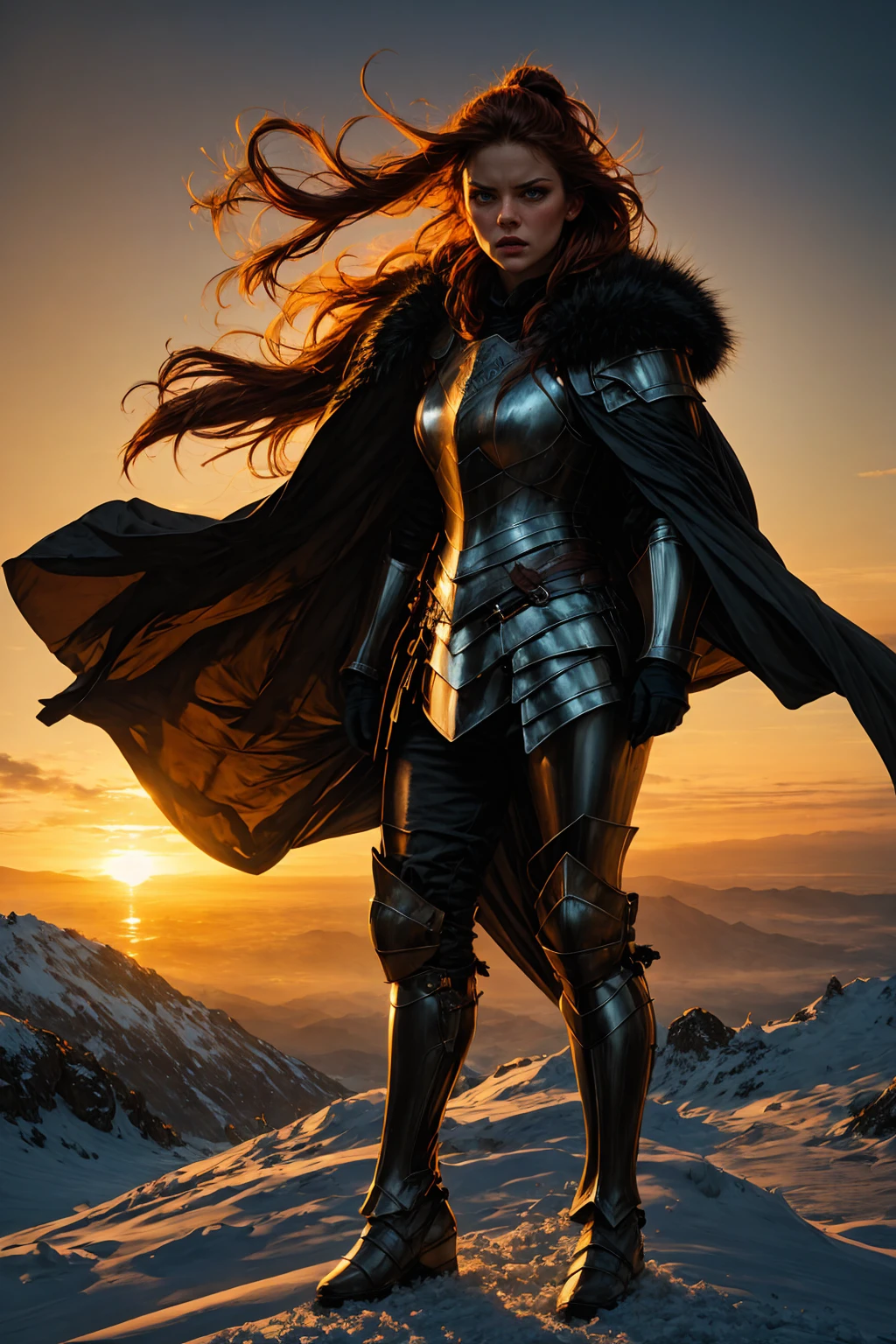 Norse warrior woman, plate armor, tousled, highlight long braided hair, angry expression, fur-laden cape flowing, frame capturing full Body, mountainous snow-capped background, glowing sunrise highlighting her face, winter-themed color palette, (vibrant and muted color balance:1.2), (in style of Nicola Samori:1.2)
