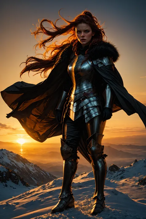 norse warrior woman, plate armor, tousled, highlight long braided hair, angry expression, fur-laden cape flowing, frame capturin...