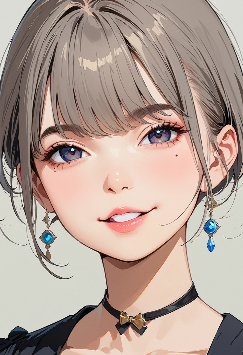 (masterpiece, Highest quality:1.4), 1 girl, solo, Anime Style, Dark grey pupils, Blurred vision, Laugh with a pointed lip, Bow your head a little, Right teardrop mole, smile, Super Short Hair, Simple accessories, Top Portrait Artist Styles, Large Breasts, vision, Gray background.