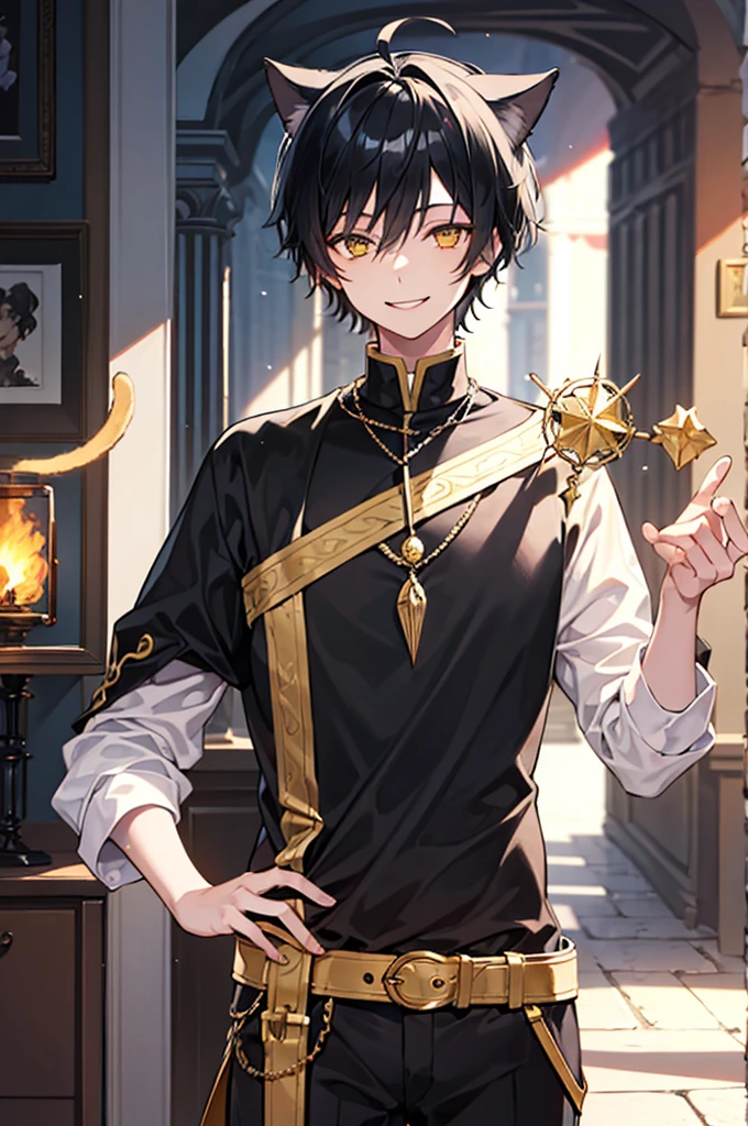 A boy with black hair and cat ears, Golden Eyes, Straight hair, short hair, Shoulder-length hair, Cute smile, Wizard&#39;s Cape, (Highest quality,4K,8k,High resolution,masterpiece:1.2),Very detailed,Solo Boy,Dramatic lighting,Gloomy atmosphere,Very detailed,Facial Features,Complex clothing texture,Film composition,