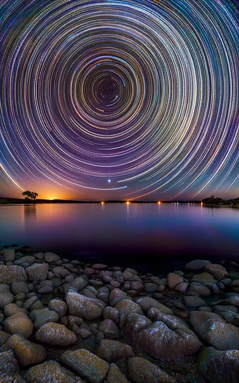 star trails, night sky, long-term contact, circular star pattern, astronomy, rock, calm water, reflection, colorful sky, scenery...