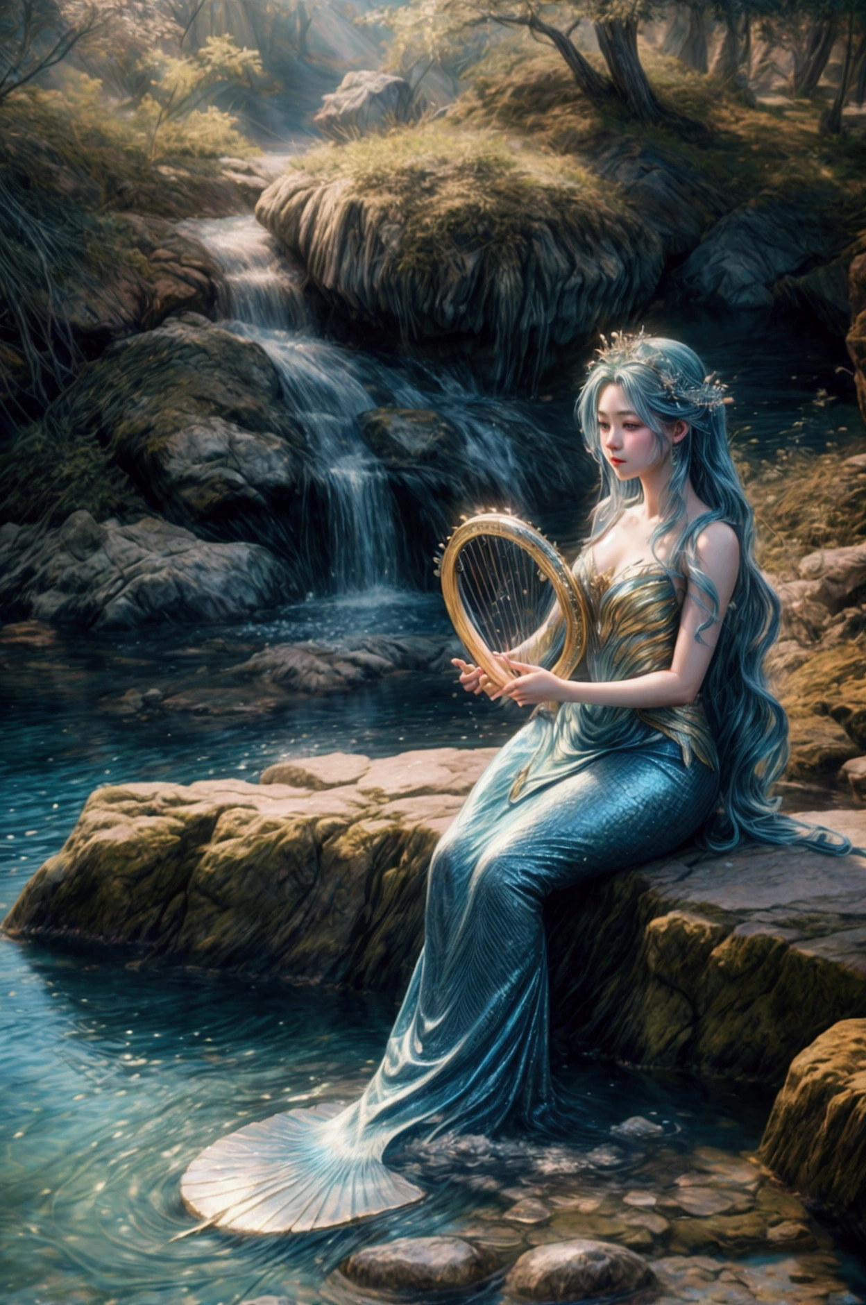 A beautiful young mermaid、Its beauty captivates people、Sitting on a rock outcrop、While playing the little harp、Enjoying the breeze and music。A dynamic composition of the lyre、Dramatic framing、(Highest quality、4K、8k、High resolution、masterpiece:1.2)、Super detailed、(Real、Photorealistic、Photorealistic:1.37)、HDR、uhd、Studio Lighting、Ultra-fine painting、Sharp Focus、Physically Based Rendering、Extremely detailed depiction、professional、Bright colors、Bokeh、Fantasy、Surreal、Dramatic lighting、