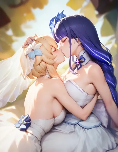 2girls, lumine (genshin impact), raiden shogun (genshin impact), kissing, wedding dress, bed, eyes closed hands on another's hea...