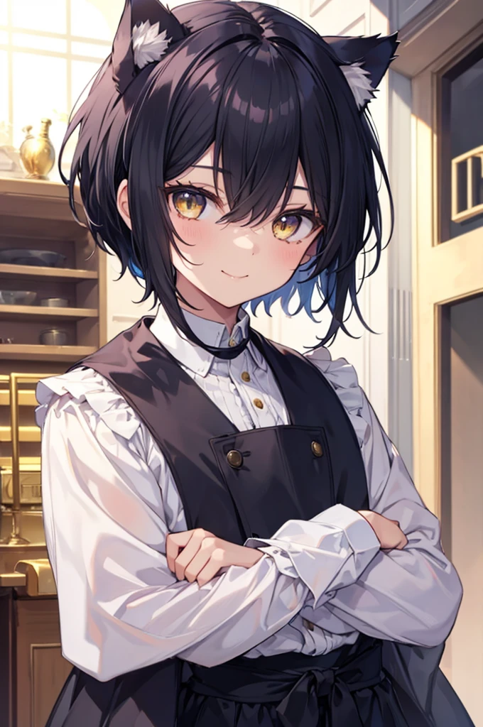 A boy with black hair and cat ears, Golden Eyes, Straight hair, short hair, Shoulder-length hair, Cute Smile, Magician&#39;s Cape, (Highest quality, 4K, 8k, High resolution, masterpiece:1.2), Very detailed, Solo Boy, Dramatic lighting, Very detailed, Facial Features, Complex fabric texture, Structure of the film