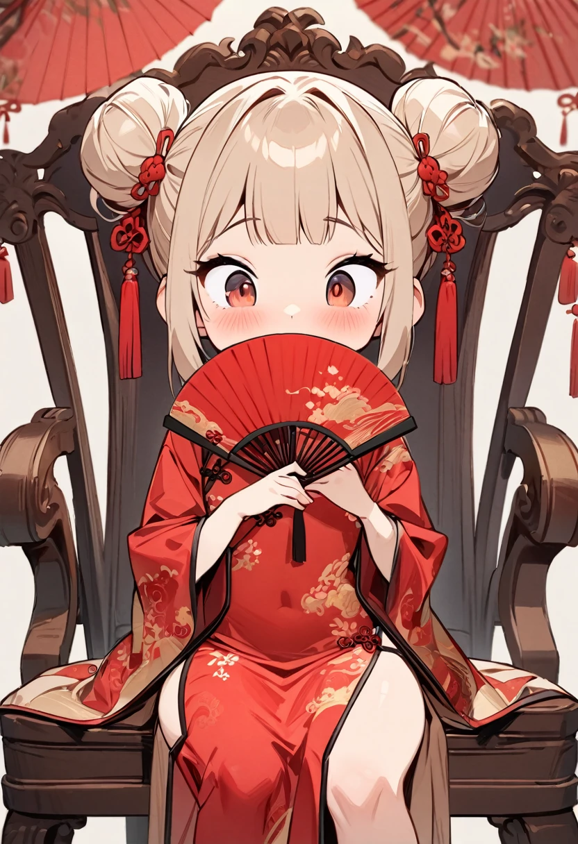 (masterpiece, Highest quality:1.2), Cartoon style character design, 1 girl, alone，Big eyes，Cute expression，Two buns hair，China dress，sit on an antique chair, ((Hide your mouth with a fan)), (The interior is decorated in a Chinese style with red and vermilion as the main colors.)