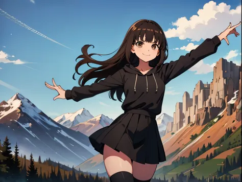 solo woman, long hair curtain bangs, brown eyes, black hoodie, black skirt, thigh highs, smiling, dance pose, meadow setting, fo...