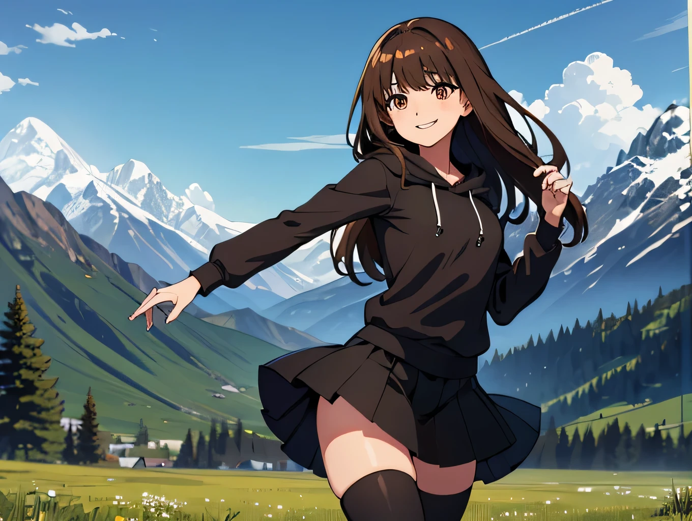 Solo Woman, long hair curtain bangs, brown eyes, black hoodie, black skirt, thigh highs, smiling, dance pose, meadow setting, forest, mountains