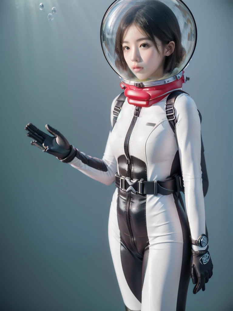 (8k, RAW photo, best quality, masterpiece), (photorealistic), outstanding details, ultra-high resolution, anatomically correct, textured skin, (Extremely precise and accurate anatomy), (wide lens effect), (Cute Japanese girl , 20-year-old), eva helm, bodysuit, space helmet, bubble helmet, underwater