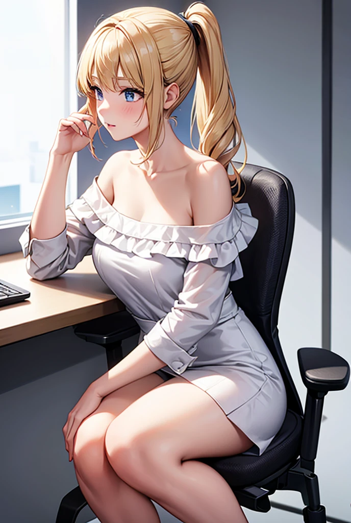 Blond girl with pony tail in white off shoulder dress sitting facing the back on an office chair. 