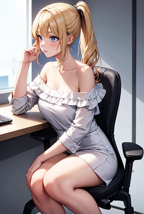 blond girl with pony tail in white off shoulder dress sitting facing the back on an office chair.