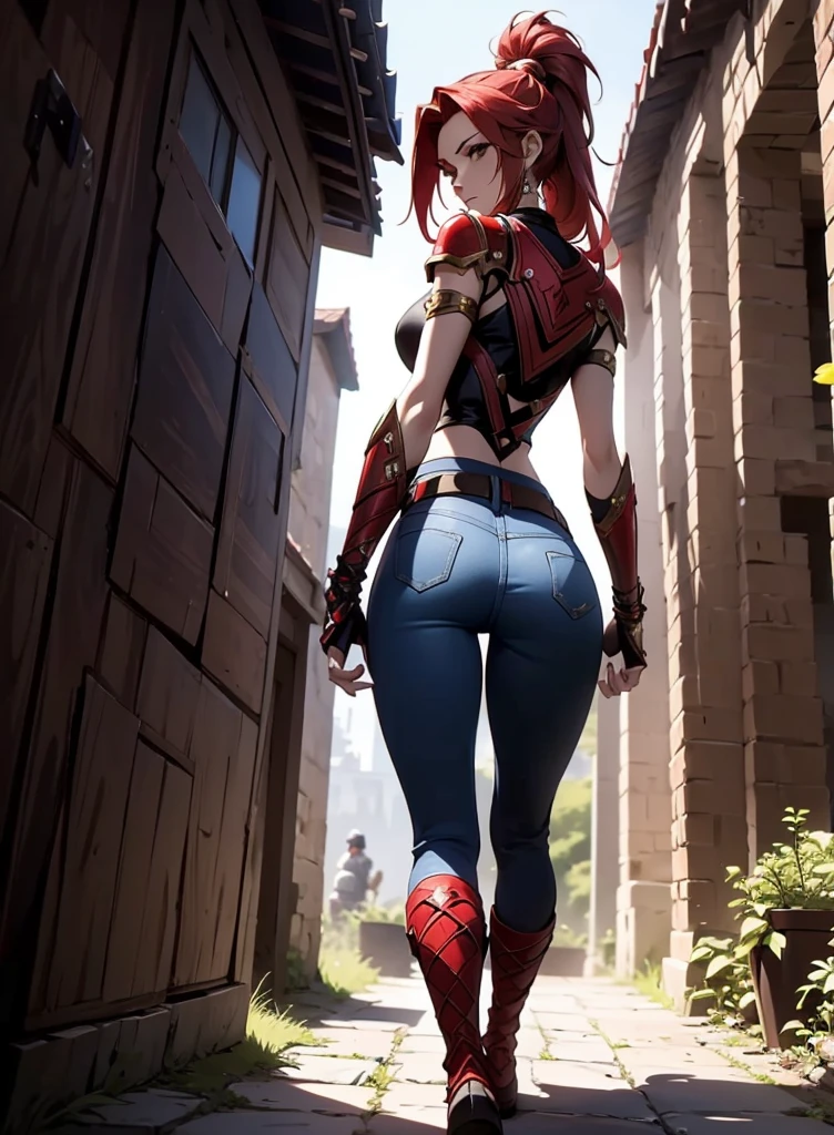 Create a full-body anime-style image of a 20-year-old human female named Sylara Stormblade, seen from behind. she has a lot of time, straight red hair and athletic build. Sylara wears studded armor on her upper body., dark blue skinny jeans, and tall red lace-up boots. In front of her, There are students in various fencing poses, indicating that he is giving a class. The setting is an autumnal open-air medieval training camp, rich in fallen and warm leaves, earthy colors.