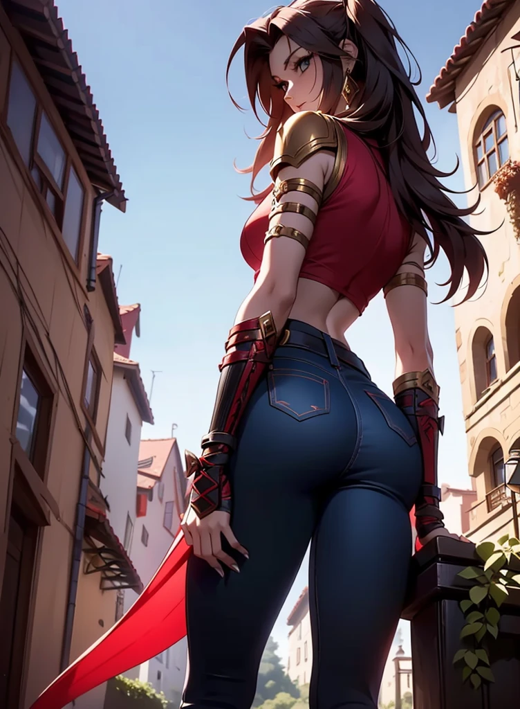 Create a full-body anime-style image of a 20-year-old human female named Sylara Stormblade, seen from behind. she has a lot of time, straight red hair and athletic build. Sylara wears studded armor on her upper body., dark blue skinny jeans, and tall red lace-up boots. In front of her, There are students in various fencing poses, indicating that he is giving a class. The setting is an autumnal open-air medieval training camp, rich in fallen and warm leaves, earthy colors.