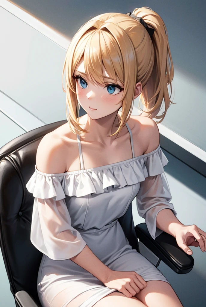 Blond girl with pony tail in white off shoulder dress sitting on an office chair. Eye level view