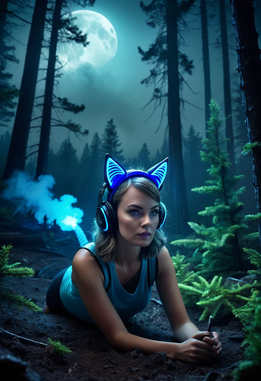 a beautiful woman(Barbara Evenot) with neon blue cat ear headband, scientist studying alien crash site, night, crater, smoke, evergreen forest, alien tentacle monster sneaking behind, highly detailed, photorealistic, 8k, professional lighting, cinematic composition, dramatic dark moody colors, glowing neon blue highlights
