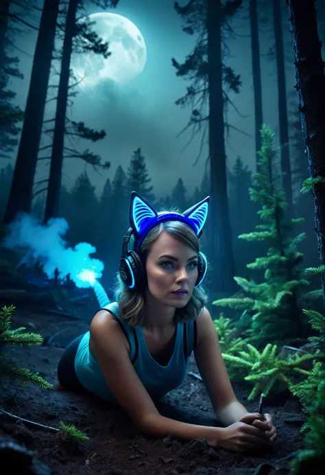 a beautiful woman(barbara evenot) with neon blue cat ear headband, scientist studying alien crash site, night, crater, smoke, ev...