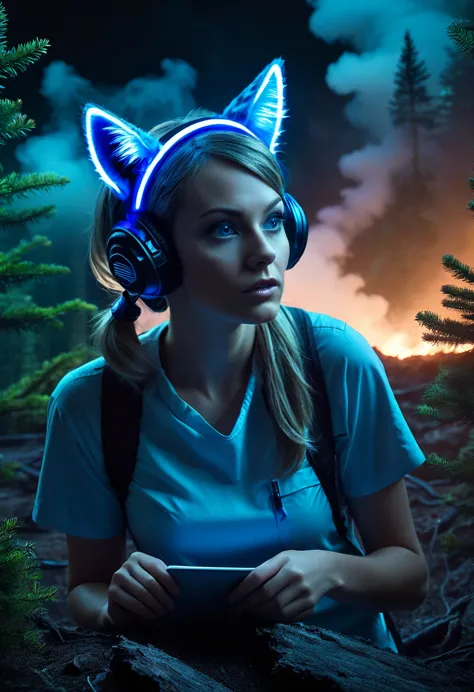 a beautiful woman(barbara evenot) with neon blue cat ear headband, scientist studying alien crash site, night, crater, smoke, ev...