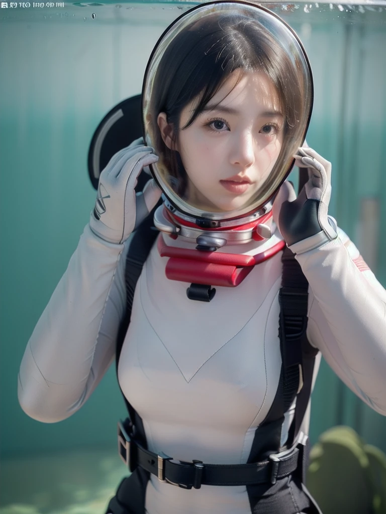 (8k, RAW photo, best quality, masterpiece), (photorealistic), outstanding details, ultra-high resolution, anatomically correct, textured skin, (Extremely precise and accurate anatomy), (wide lens effect), (Cute Japanese girl , 20-year-old), eva helm, bodysuit, space helmet, b underwater, upper body