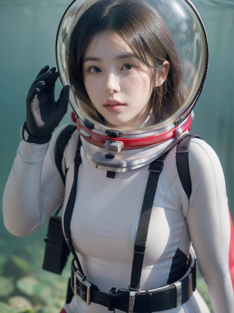 (8k, RAW photo, best quality, masterpiece), (photorealistic), outstanding details, ultra-high resolution, anatomically correct, textured skin, (Extremely precise and accurate anatomy), (wide lens effect), (Cute Japanese girl , 20-year-old), eva helm, bodysuit, space helmet, b underwater, upper body