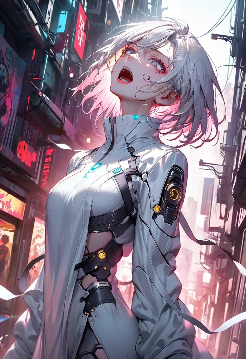 (Highest quality:1.3), (Top performance:1.2), (Best illustrations:1.2), (Comic book style:1.2), (Artistic Film Lighting:1.2) (1 person) Wearing futuristic technology cyberpunk electronic robe, Her body is covered in metal parts., Horror movie-like background of a futuristic cyberpunk city.Shouting during a street performance