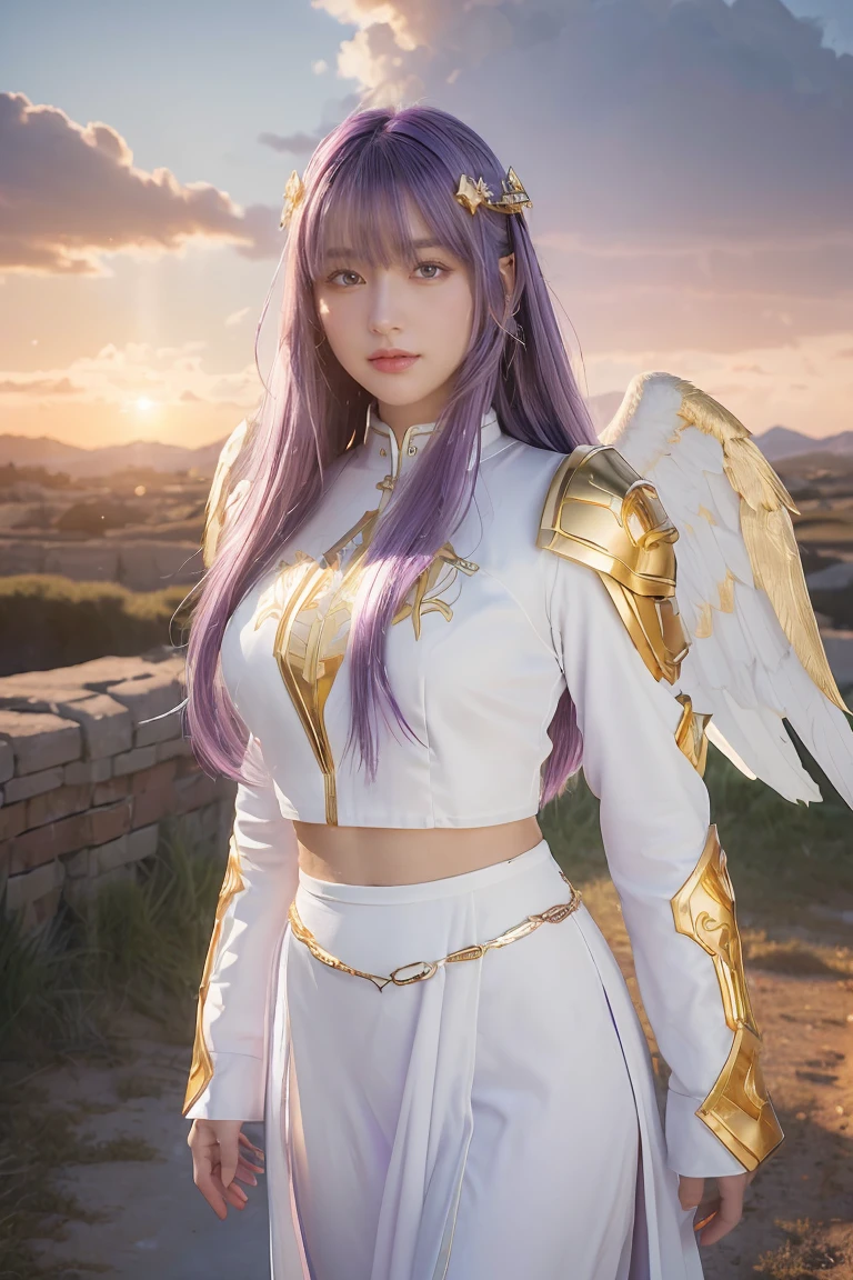 ((masterpiece, best quality, extremely detailed), volumetric lighting, ambient occlusion, colorful, glowing), 
1girl, solo, young girl, (purple hair), long hair, halo, aura, sacred, goddess, cleric suit, (white outfit with gold detailst:1.3), angel wings,
outdoors, sunset, sky, clouds, space, (fantasy theme:1.2),